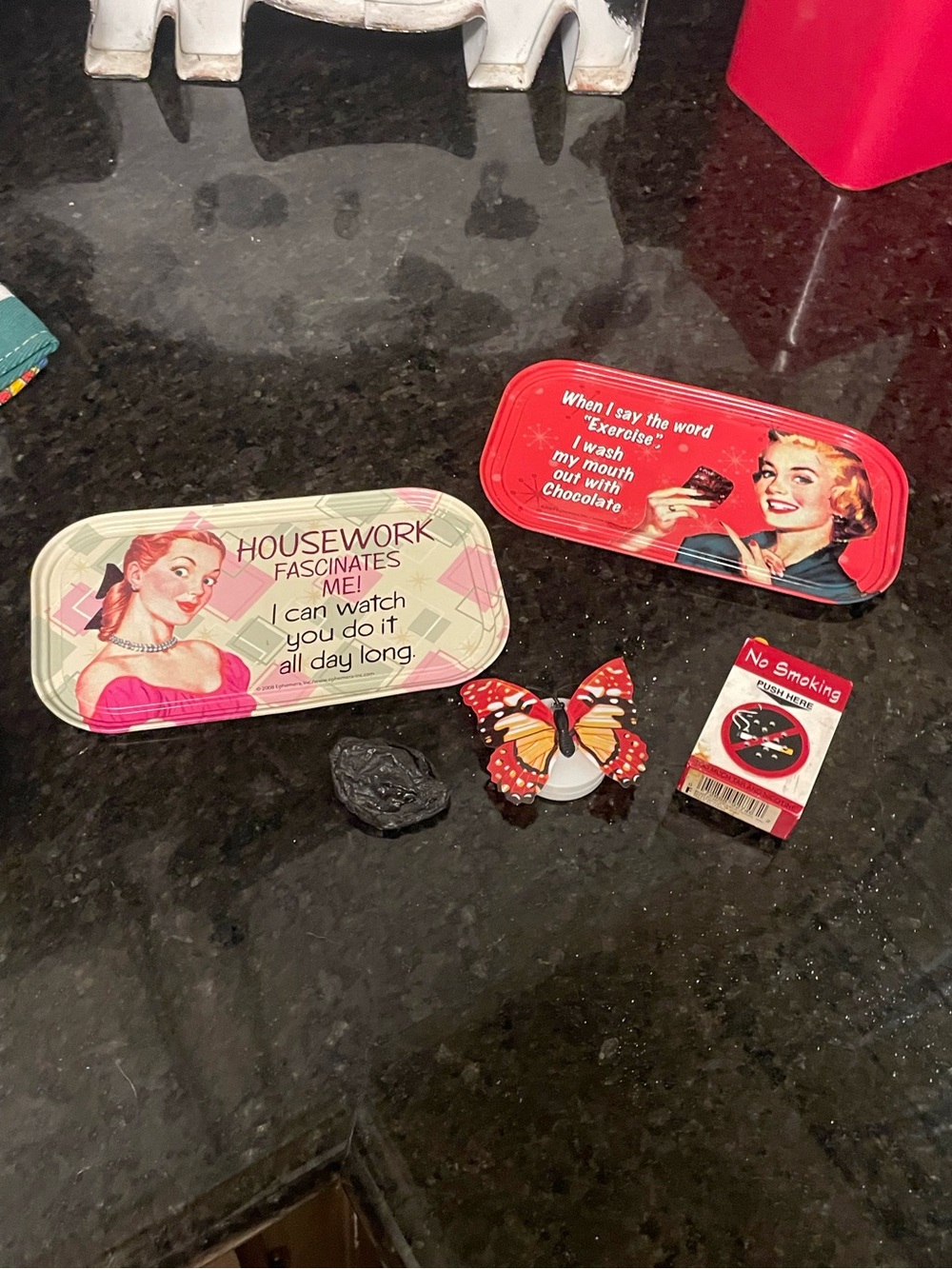 Retro Housewife Humor Tin Tray Magnets Lot 5pc No Smoking Butterfly